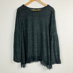 Angels Women's Long Sleeve Knit Shirt Lace Trim Solid Gray Scoop Neck Size XL